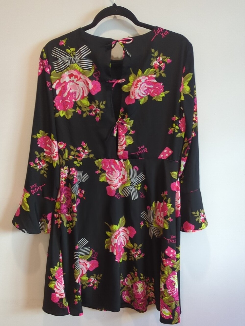 Vintage Y2K Whimsigoth Romantic Betsey Johnson Black Hot Pink Floral Bow Dress 8 - Picture 6 of 11